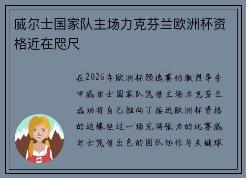 威尔士国家队主场力克芬兰欧洲杯资格近在咫尺 威尔士国家队主场力克芬兰欧洲杯资格近在咫尺